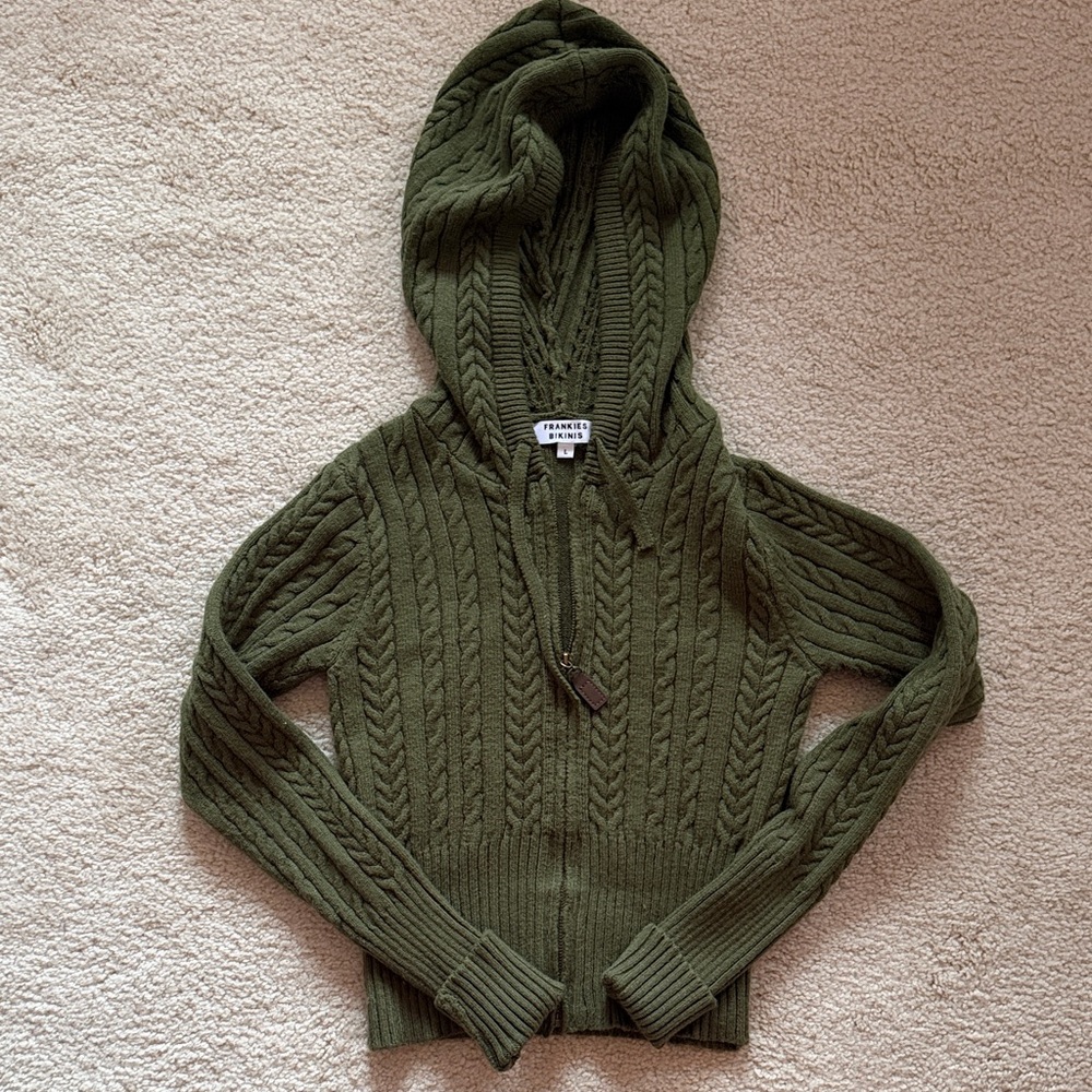 Frankie's Bikinis Olive Cable-Knit Hooded Zip Sweater